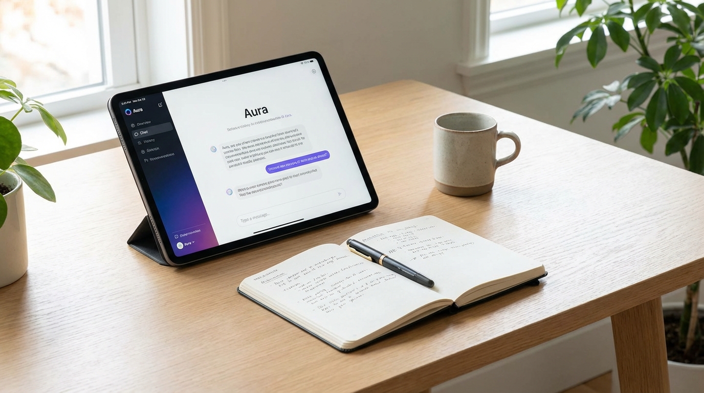 Using AI tools to offer freelance services — tablet showing ChatGPT on a minimalist desk