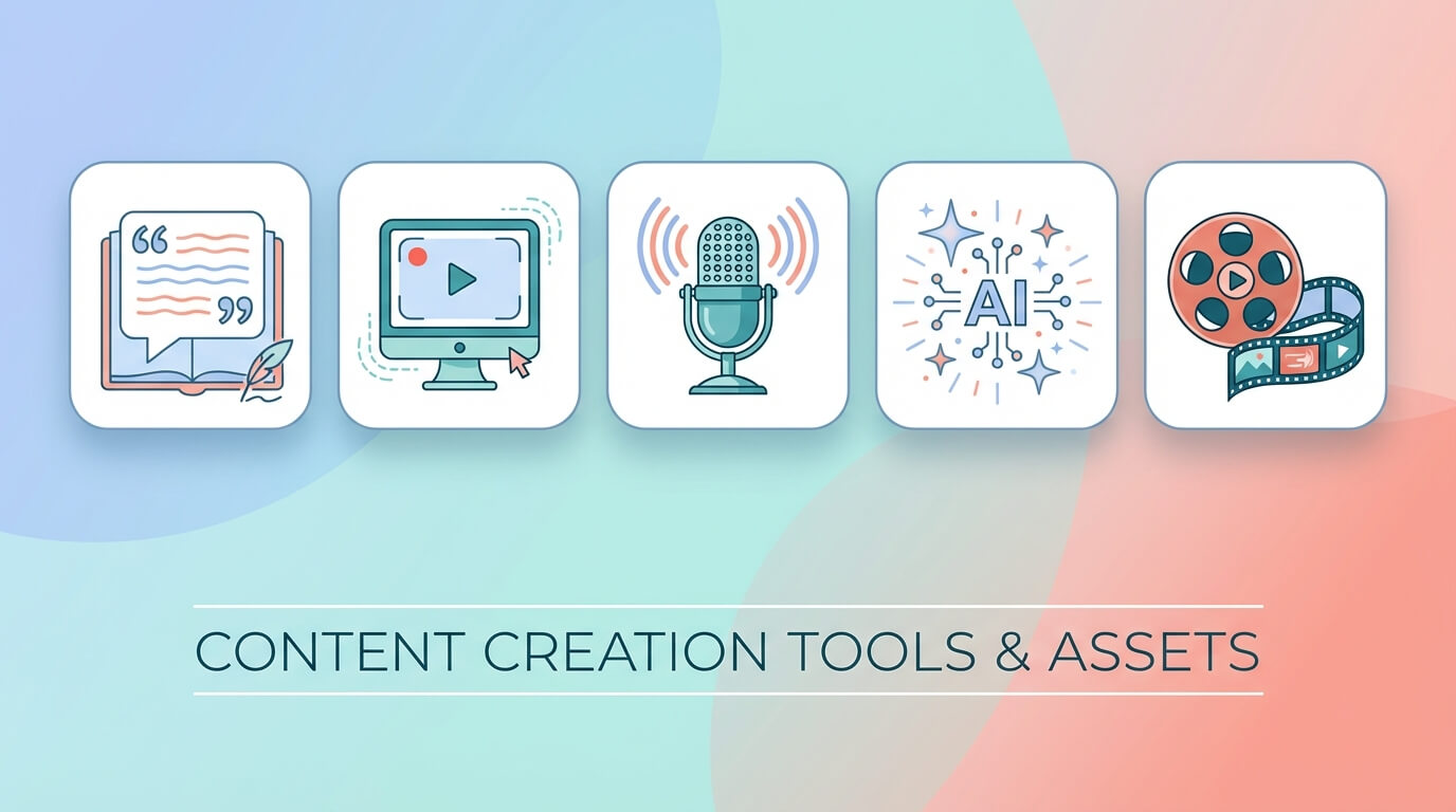 Five types of faceless marketing content — text graphics, screen recordings, voiceovers, AI visuals, and stock footage