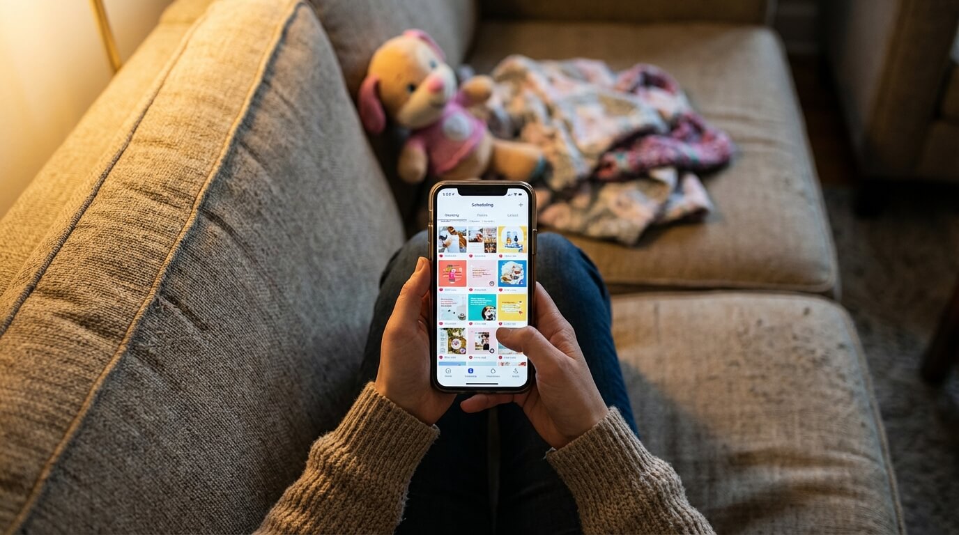 Busy parent creating faceless social media content from their phone on the couch
