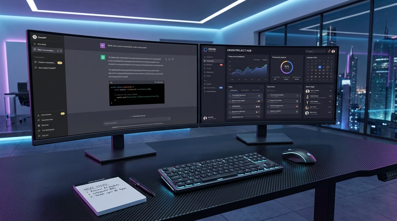 Dual monitor setup showing AI tools and productivity apps — faceless content creation niche