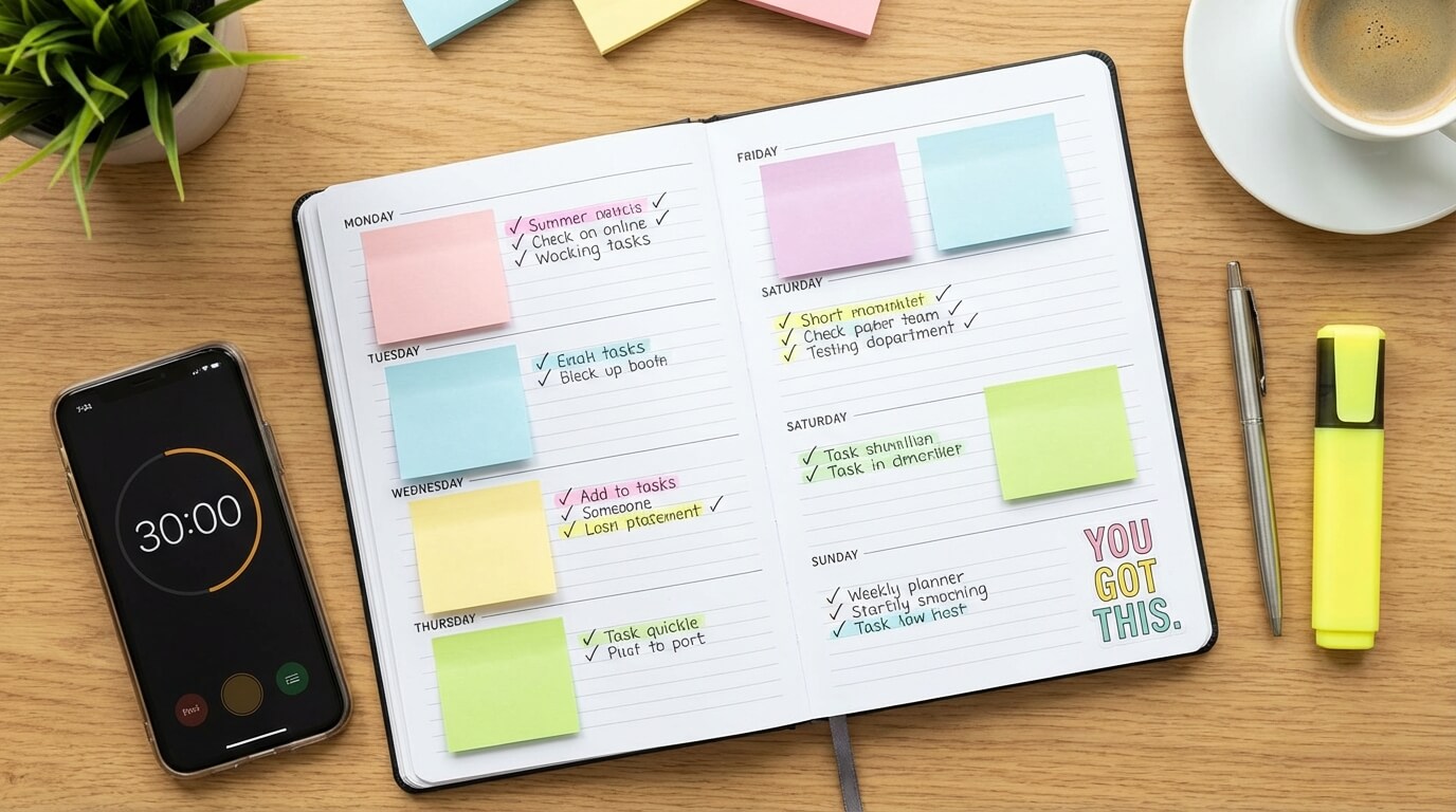 Seven-day weekly planner for a 30-minute faceless marketing quick start plan