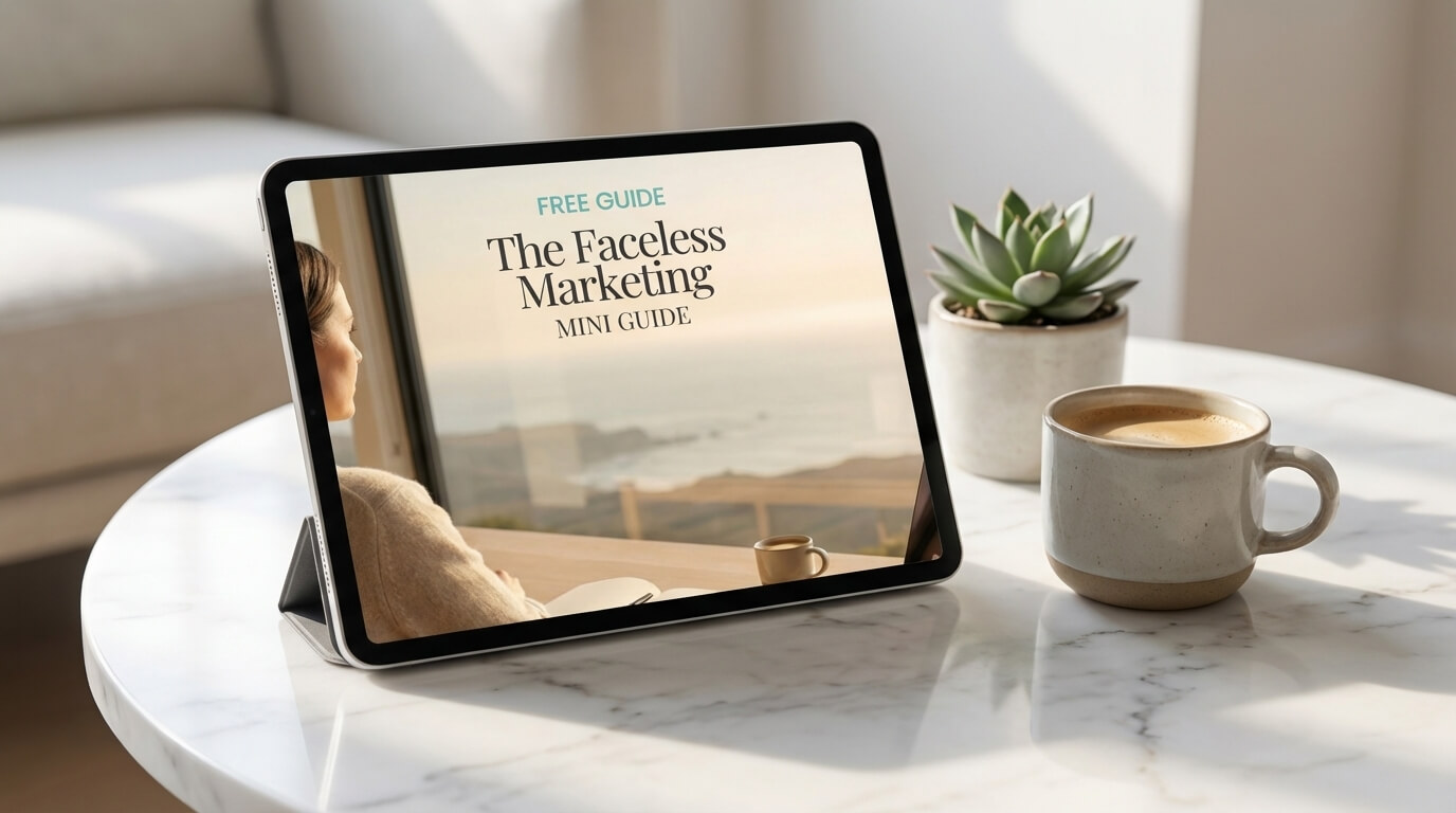 Faceless Marketing Mini Guide free digital download displayed on a tablet