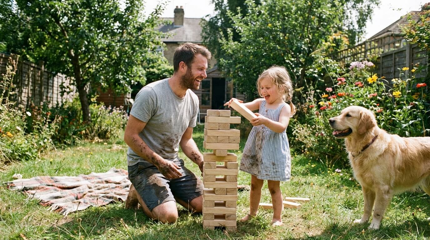 A parent playing with their child—no screens in sight