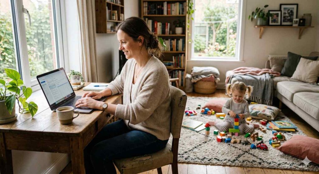 Busy parent working on laptop at home with child nearby — passive income ideas for busy parents by MyBalanceBuilders
