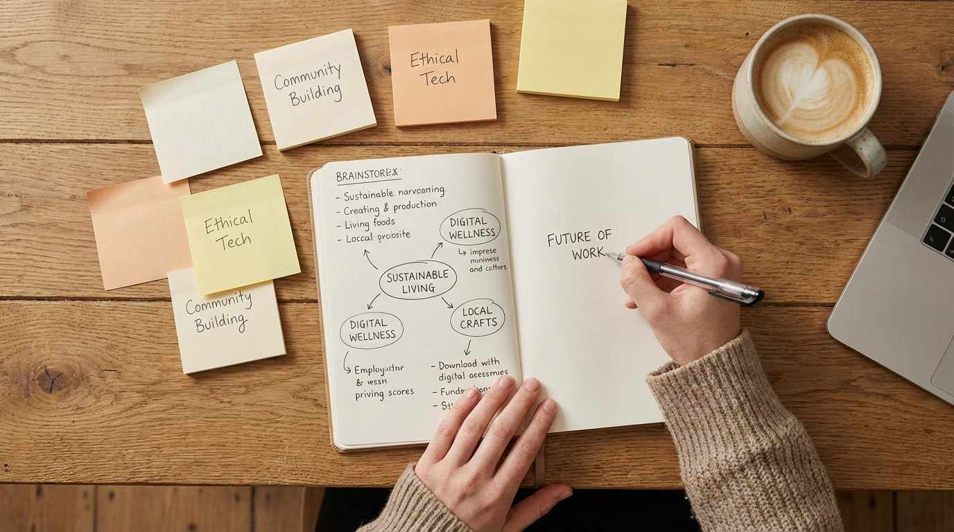 Notebook with brainstorming ideas and sticky notes on wooden desk — choosing a profitable niche for content creation