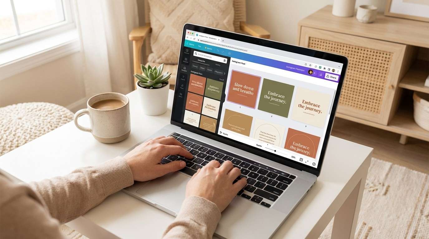 Laptop showing Canva with Instagram post templates for faceless content creation — batch creating quote graphics and carousel posts