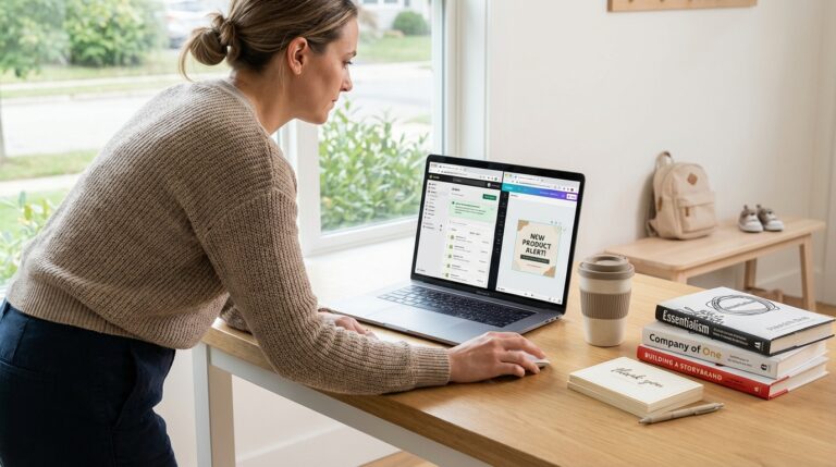 A parent entrepreneur managing a Shopify orders dashboard and marketing campaign on a laptop in a bright, organized home office.