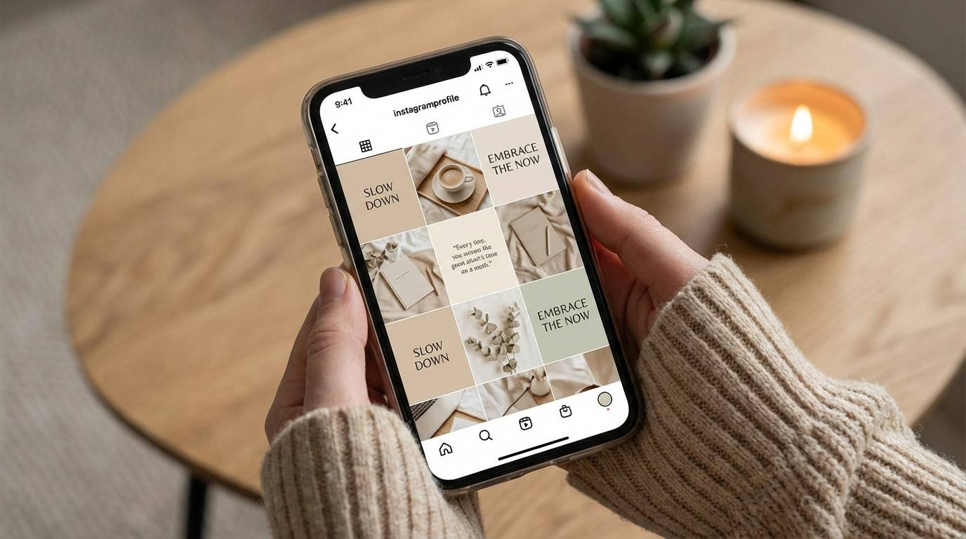 Hands holding smartphone showing a faceless Instagram account with aesthetic quote posts and lifestyle content — no face needed to grow on Instagram