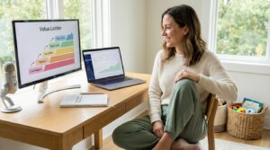 A happy female entrepreneur at a bright oak desk looking at a sales dashboard for digital planners and online courses on her monitor.