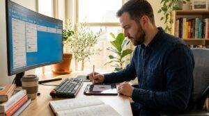 A focused freelancer working on a creative project and client dashboard in a modern, sunlit home studio with professional tools.