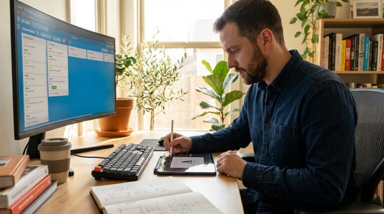 A focused freelancer working on a creative project and client dashboard in a modern, sunlit home studio with professional tools.