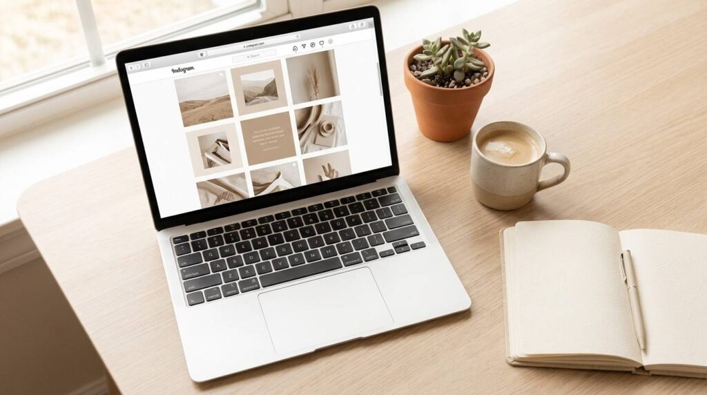 Laptop on kitchen counter with Instagram analytics showing follower growth — start a faceless Instagram account with the free MyBalanceBuilders guide