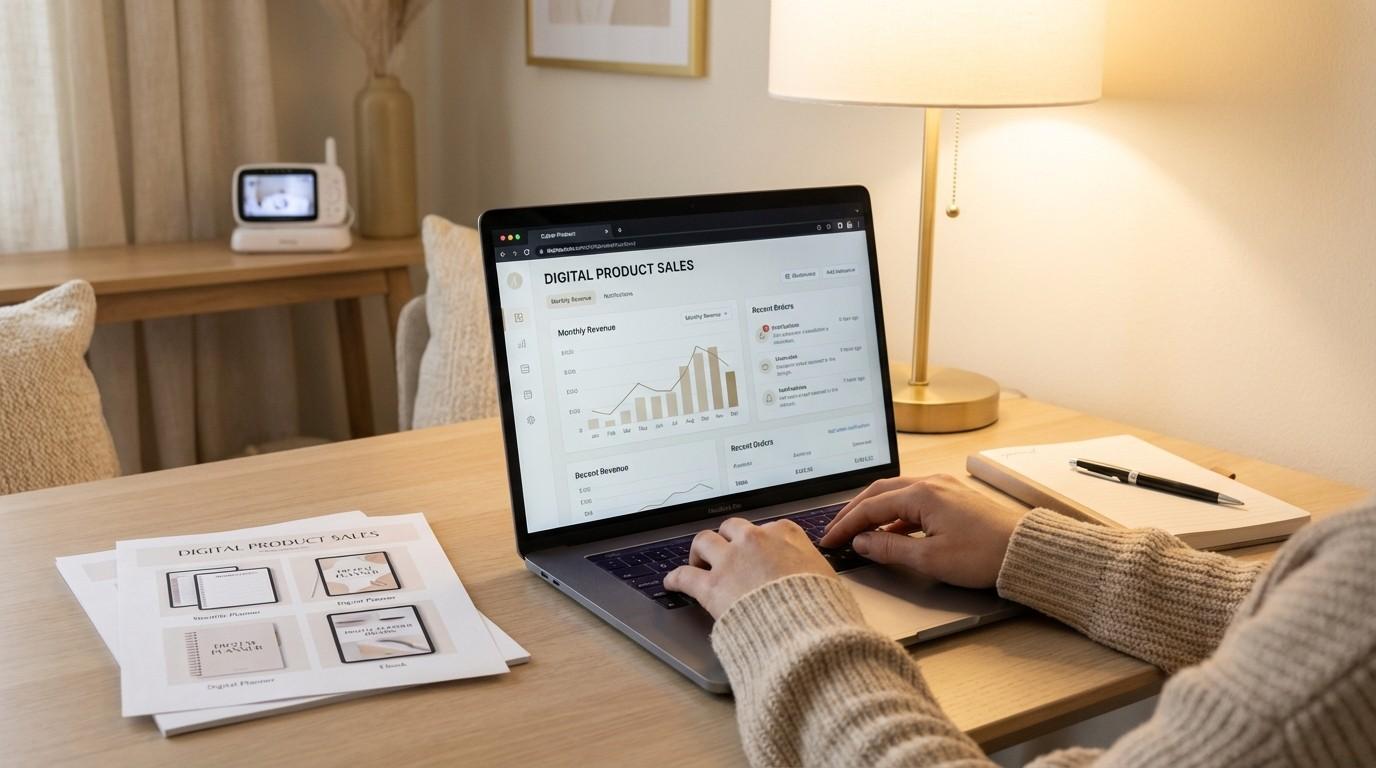 Laptop showing digital product sales dashboard with revenue charts — selling digital products online from home