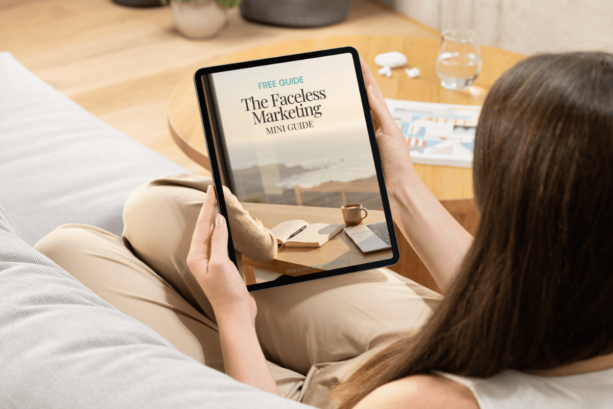 Free Faceless Marketing Mini Guide on tablet — passive income starter guide for busy parents