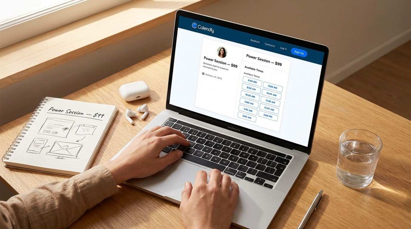 Micro-consulting setup with Calendly booking page on laptop — sell your expertise online