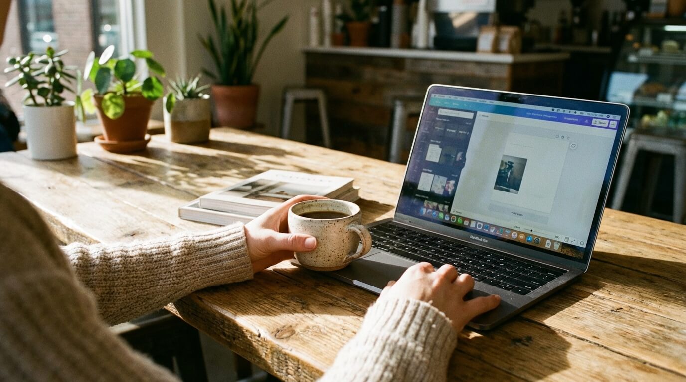 A close-up of a "calm" workspace. A coffee mug, a notebook, and a laptop showing a