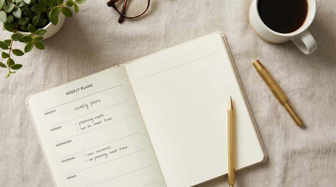 Planner and pen on desk for mapping out passive income ideas — step-by-step launch plan for busy parents