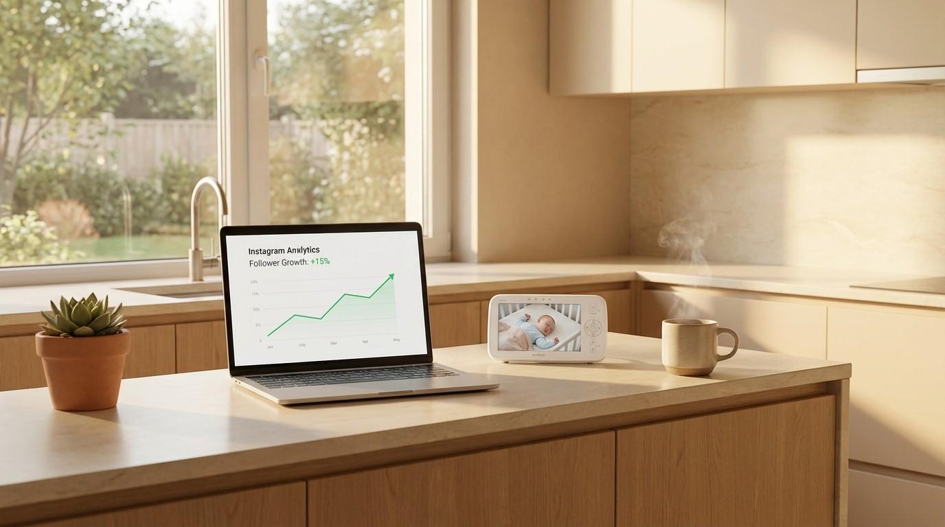 Laptop on kitchen counter showing social media analytics with growing follower graph — free guide from MyBalanceBuilders
