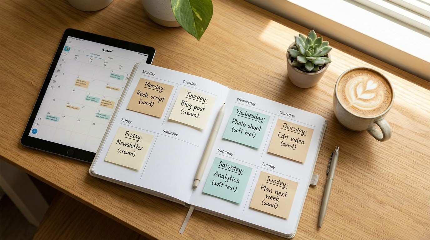 Weekly content planner with color-coded posts and scheduling tablet for social media planning