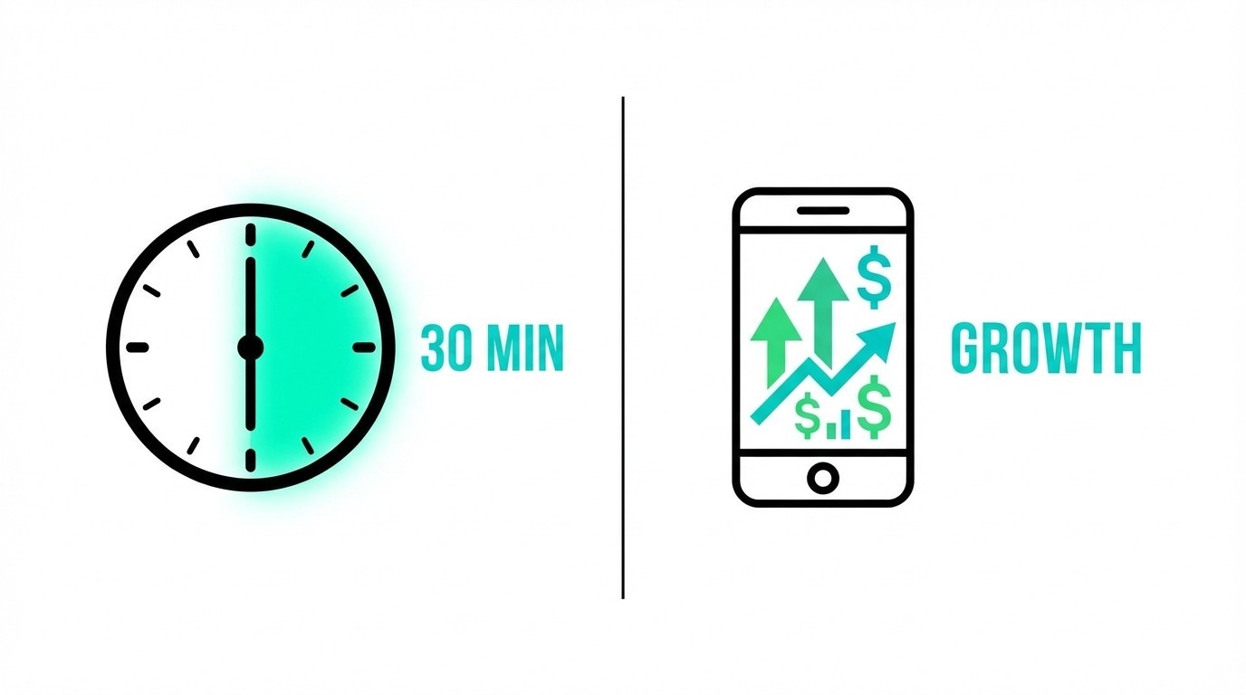 30 minutes a day to make money online — time vs income concept for side hustles
