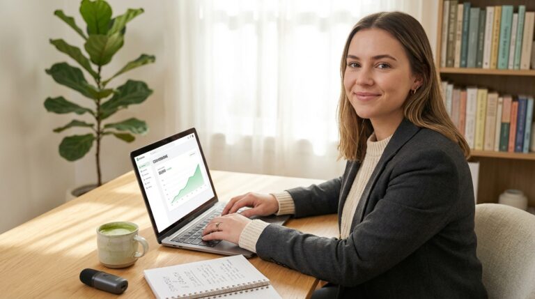 A female entrepreneur working on an affiliate marketing dashboard at a sunlit, minimalist desk with a laptop, microphone, and matcha tea.