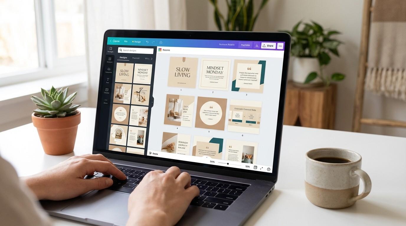 Laptop showing Canva with Instagram post templates in warm neutral tones — creating quote graphics and carousels for faceless content