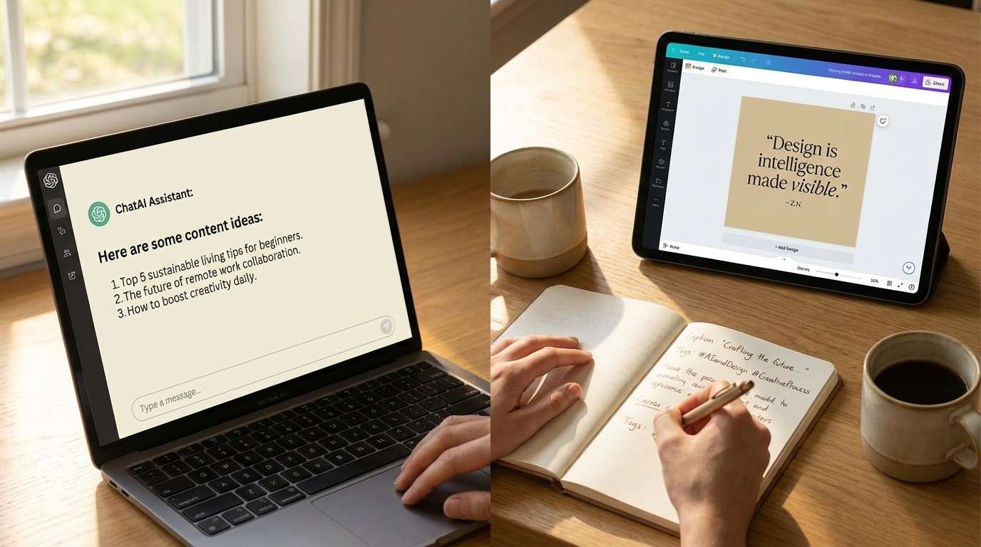 Laptop showing ChatGPT generating content ideas next to tablet with Canva design — AI-powered faceless marketing tools working together