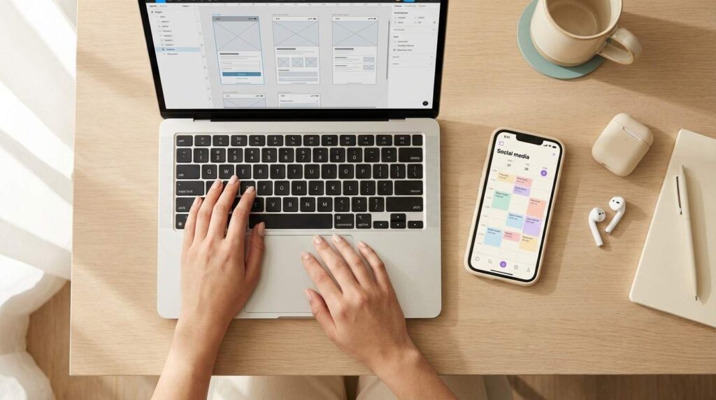 Overhead desk flat lay showing laptop with design app, phone with scheduling calendar, and notepad — the essential faceless marketing tools for beginners