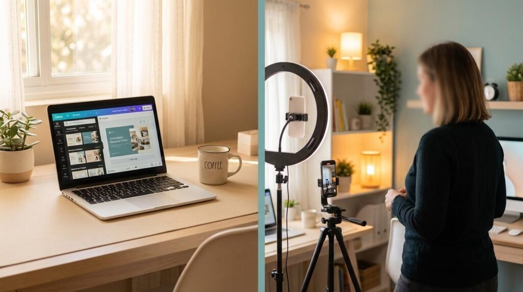 Split view of faceless marketing setup with laptop and Canva vs personal brand setup with ring light and camera — comparing both approaches for busy parents