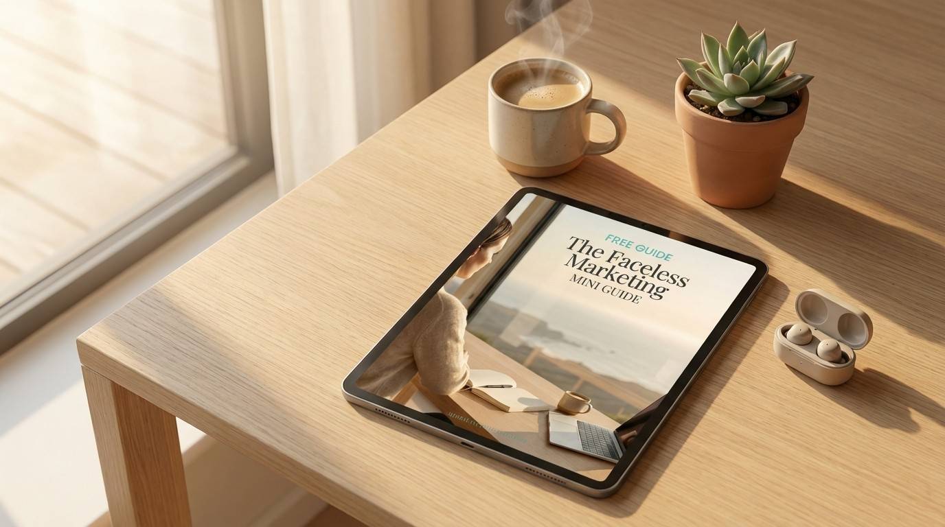 Free Faceless Marketing Mini Guide displayed on tablet with coffee and plant — starter guide for building a faceless brand by MyBalanceBuilders