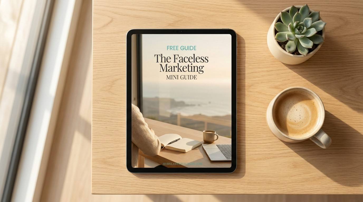 Free Faceless Marketing Mini Guide on tablet — starter guide for choosing between faceless marketing vs personal brand by MyBalanceBuilders
