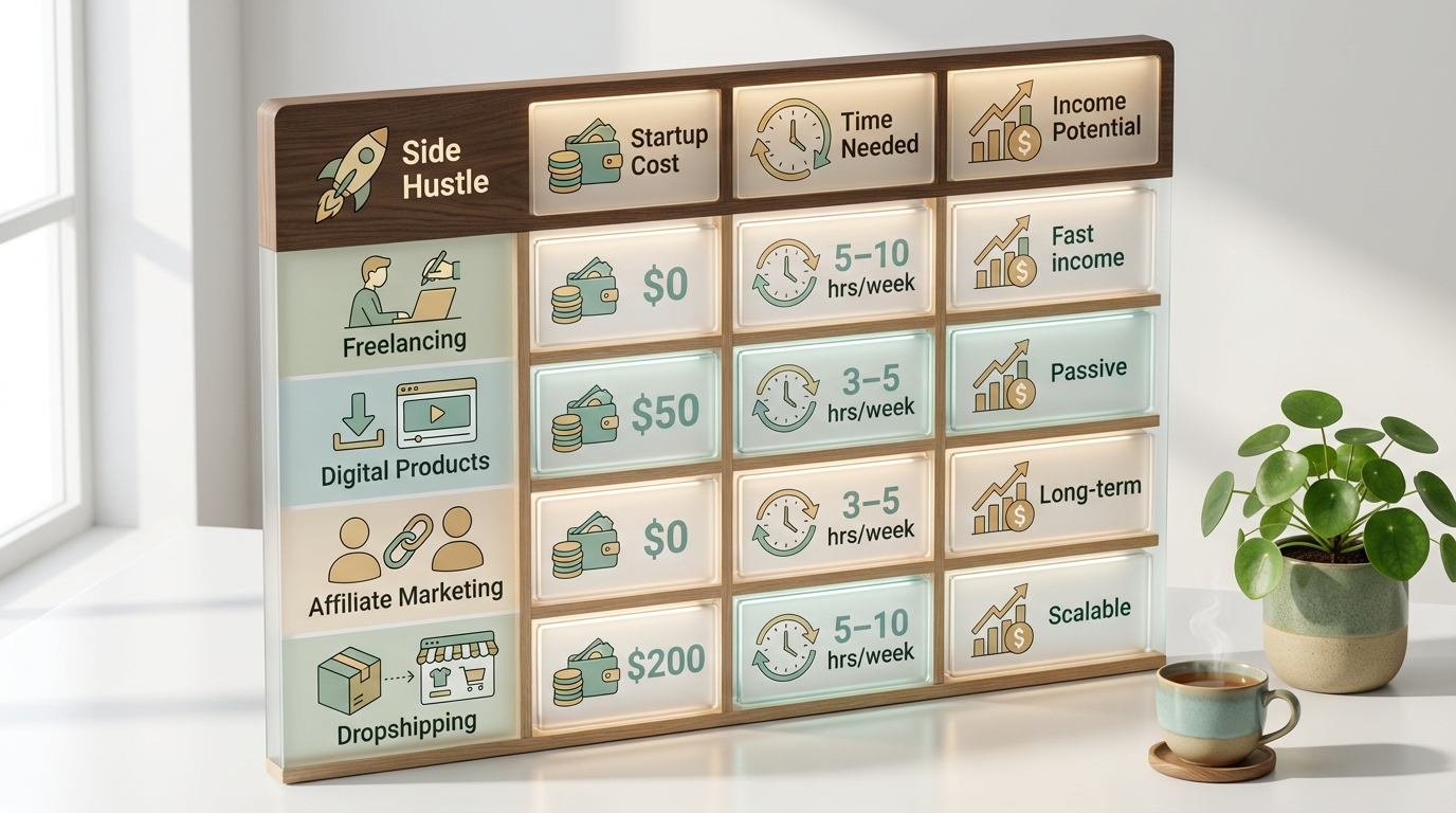 Side hustle for busy parents comparison chart — freelancing, digital products, affiliate marketing, and dropshipping compared by startup cost and income potential
