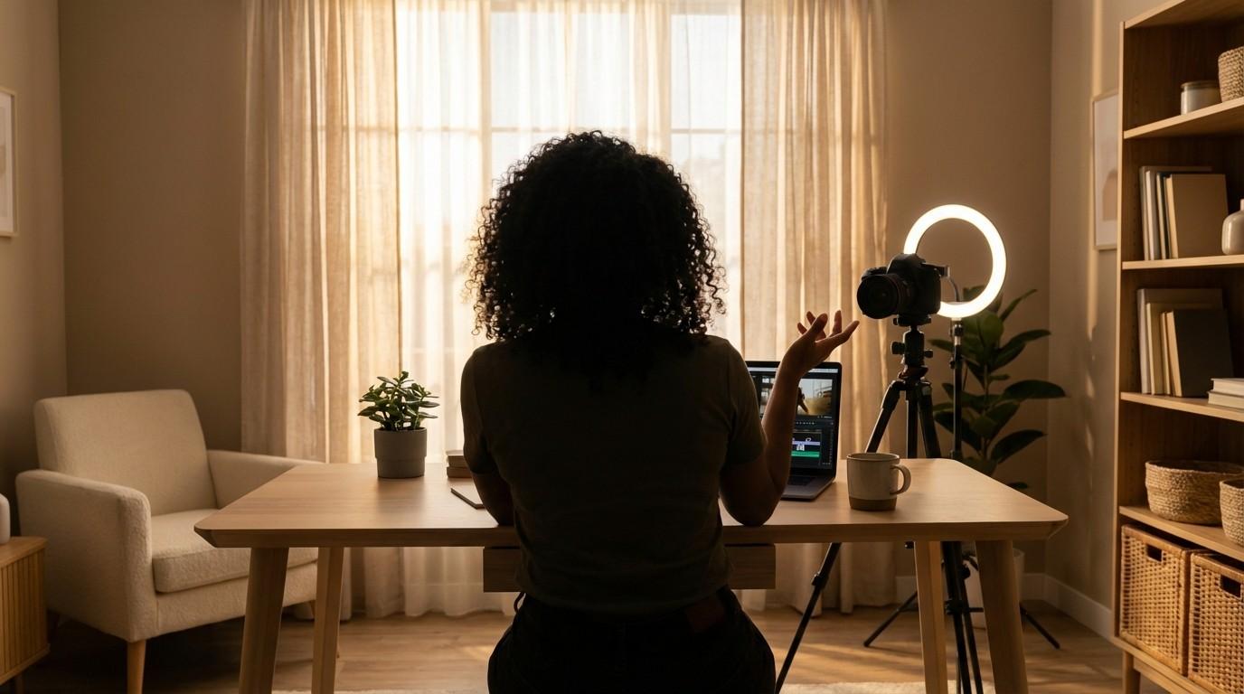 Home office setup for personal brand content creation with ring light, camera on tripod, and laptop showing video editing software