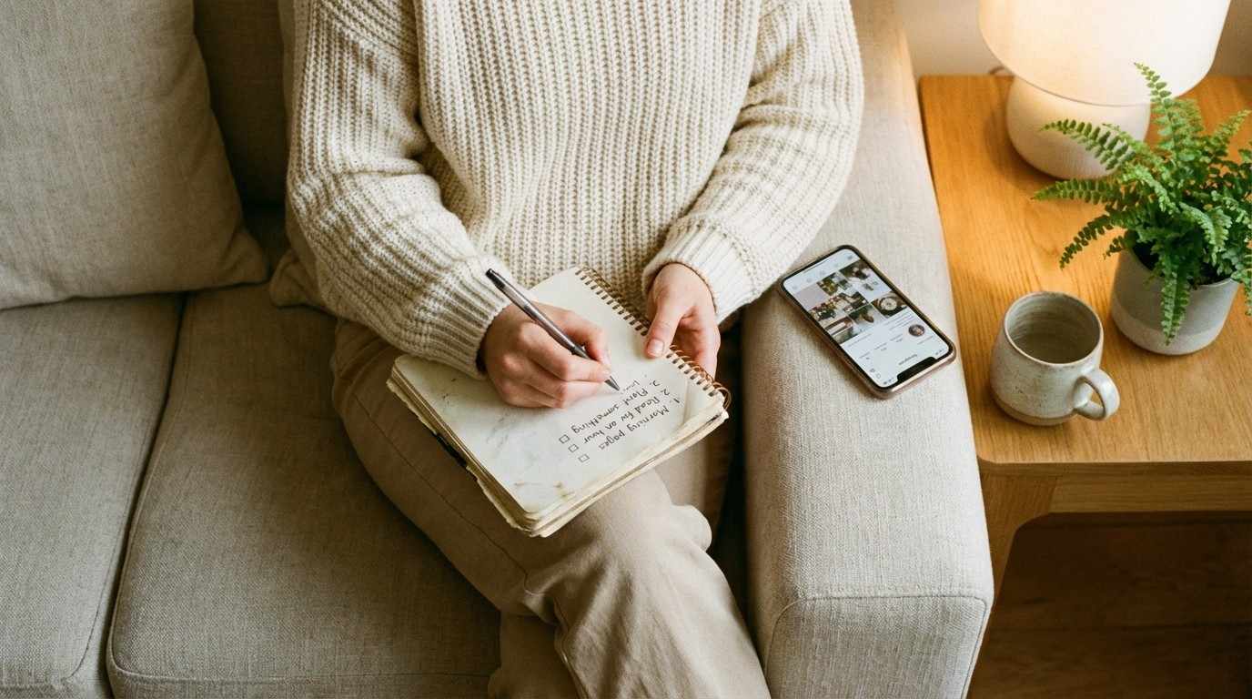 Person writing three decision questions in a notebook with phone showing Instagram nearby — deciding between faceless and personal brand approach