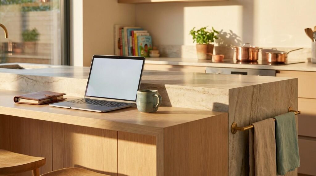 A professional home office setup on a kitchen island featuring a laptop and coffee mug.