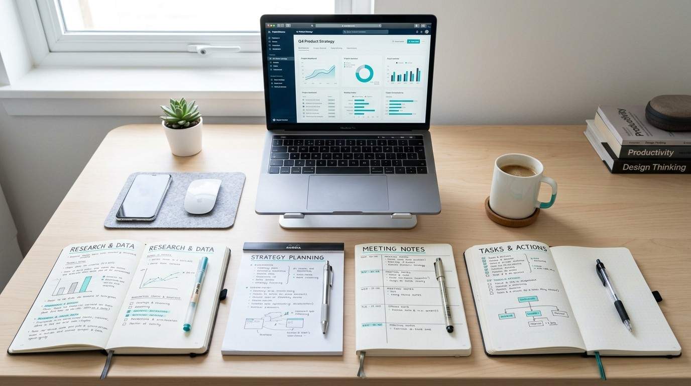Overhead view of a laptop and multiple notebooks organized on a desk for an efficient content batching session.