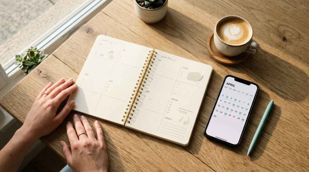 Flat lay of a planner and smartphone on a sunlit table, representing a 90 day content calendar.