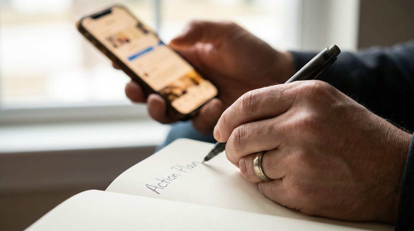 Close-up of a parent's hands transitioning from scrolling on a phone to writing a business action plan.