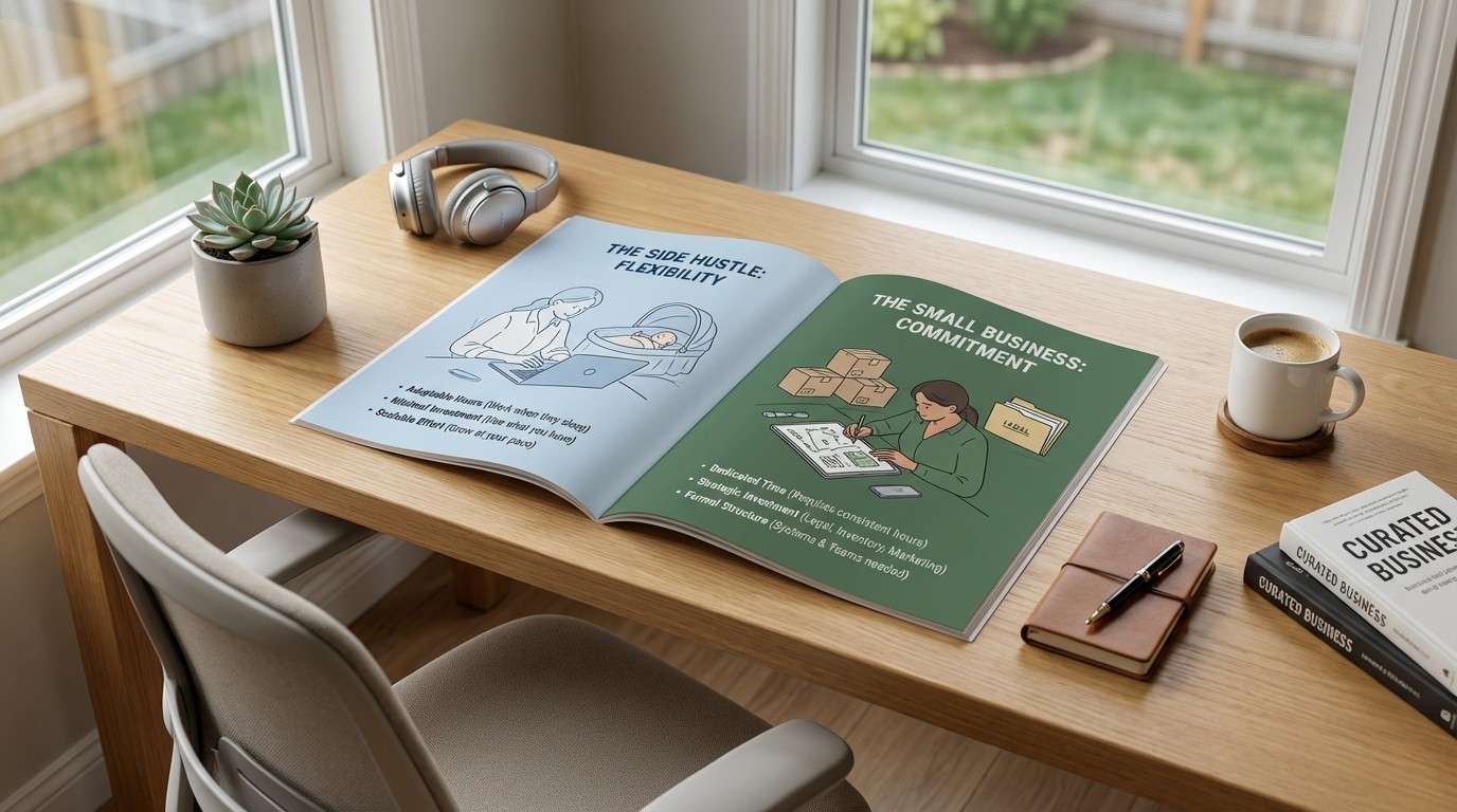 An open printed guide comparing Side Hustle flexibility versus Small Business commitment on a clean wooden desk with a laptop and coffee, designed for busy parents seeking work-life balance.