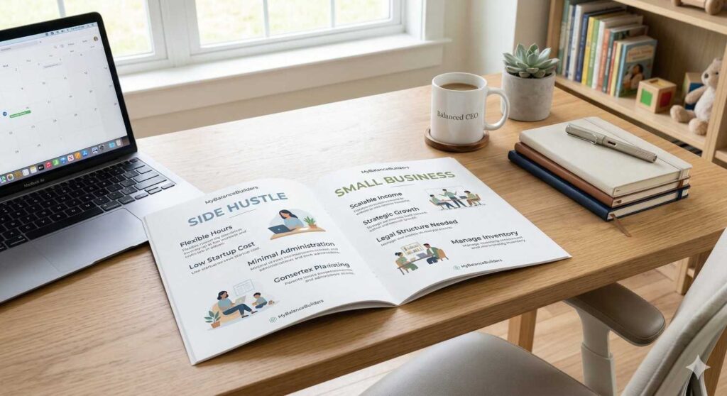 Side hustle vs small business comparison guide for busy parents on a clean desk workspace