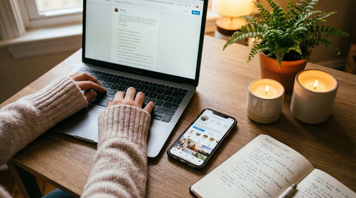 Faceless marketing concept showing hands on laptop with no face visible for online business