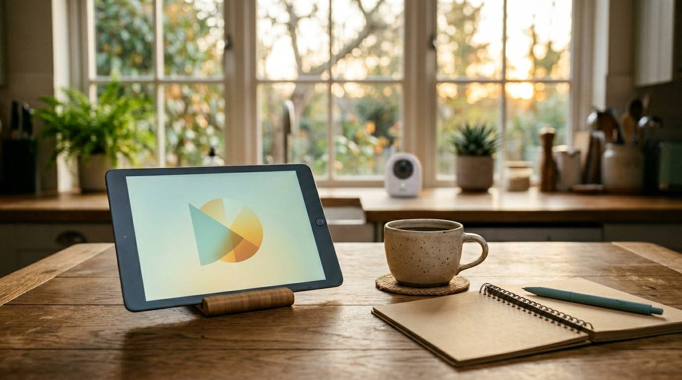 Tablet and coffee mug on a kitchen table during golden hour with blurred background props.