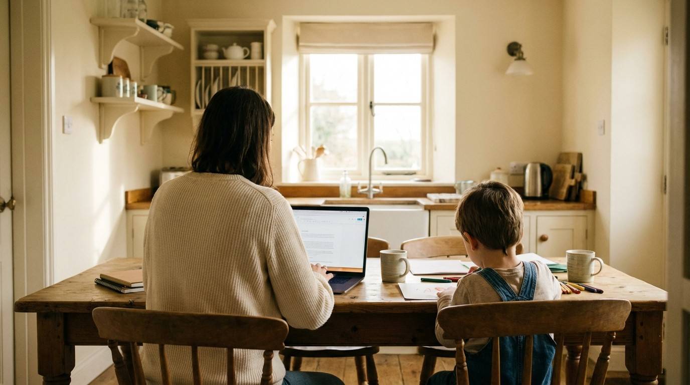 Busy parent working on laptop while child does homework — building online income around family life