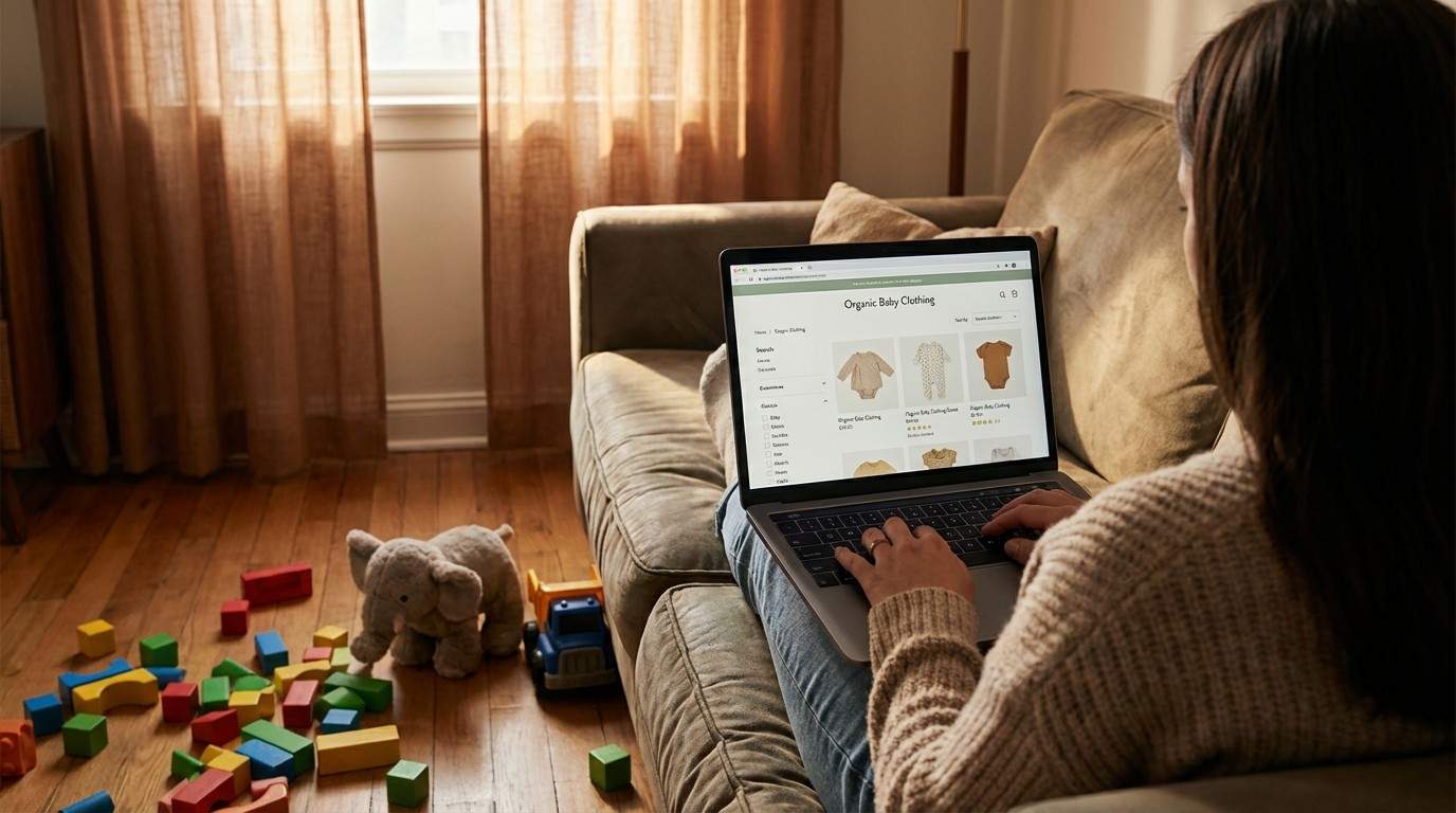 Parent working on laptop on the couch with children's toys nearby — building a side hustle in the real margins of family life