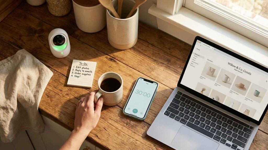 Phone timer set to 30 minutes beside laptop and baby monitor — the 30-minute side hustle setup for busy parents building income from home