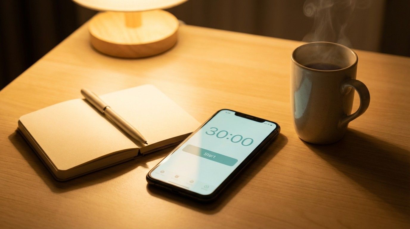 Phone timer set to 30 minutes with blank notebook ready — your first side hustle session starts tonight after bedtime