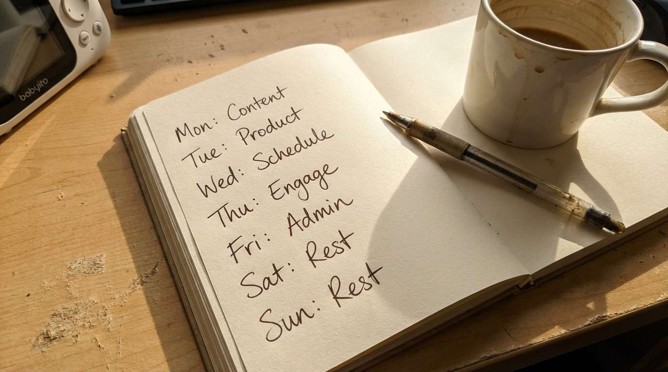 Weekly planner showing the Naptime Framework — Monday through Friday 30-minute tasks for busy parents building a side hustle