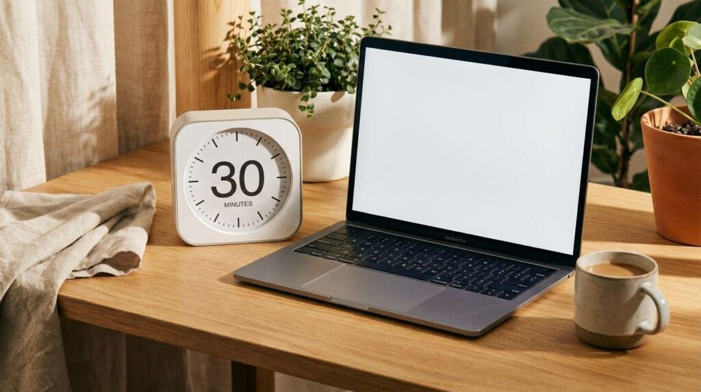 30-minute timer next to laptop representing the busy parent side hustle framework