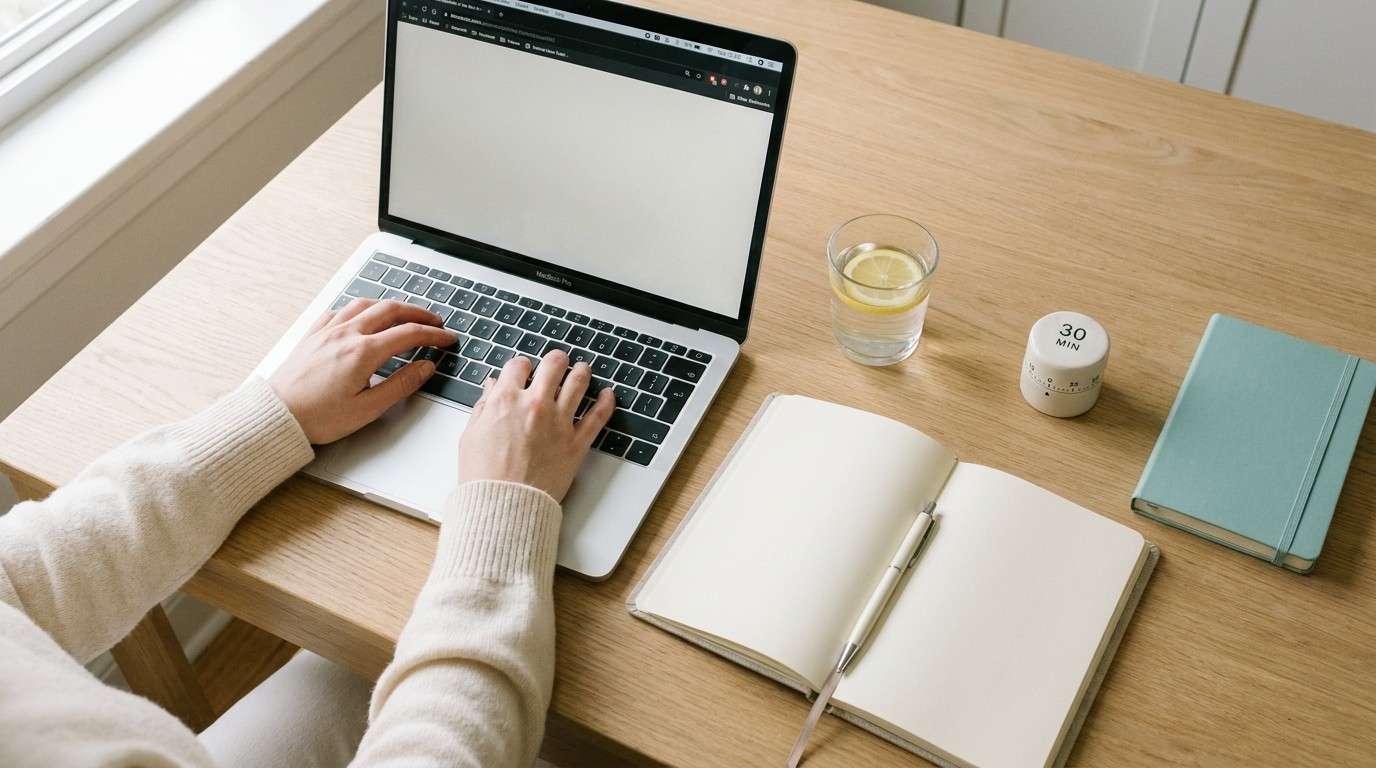 Hands typing on a laptop at a kitchen table, planning faceless instagram content ideas.