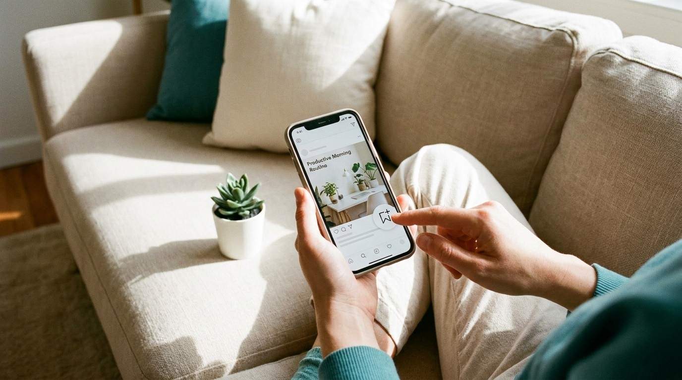 Hands holding a smartphone showing a save action, illustrating high-converting instagram cta ideas.